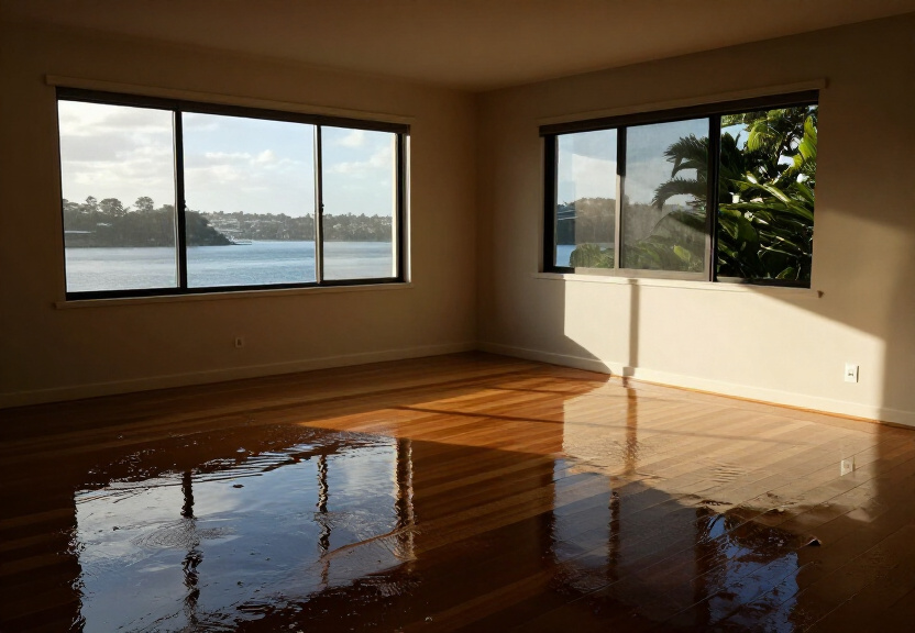 Flooded living room in Mulgoa before restoration